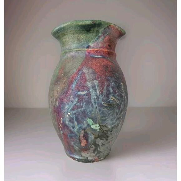 RAKU Pottery Ruffle Vase Signed RJ SM Ceramic Copper Flash Medium Matte Finish